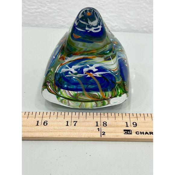 Art Glass Fred Wilkerson Multicolor Hand Blown Glass Birds Paperweight Signed - Picture 10 of 11